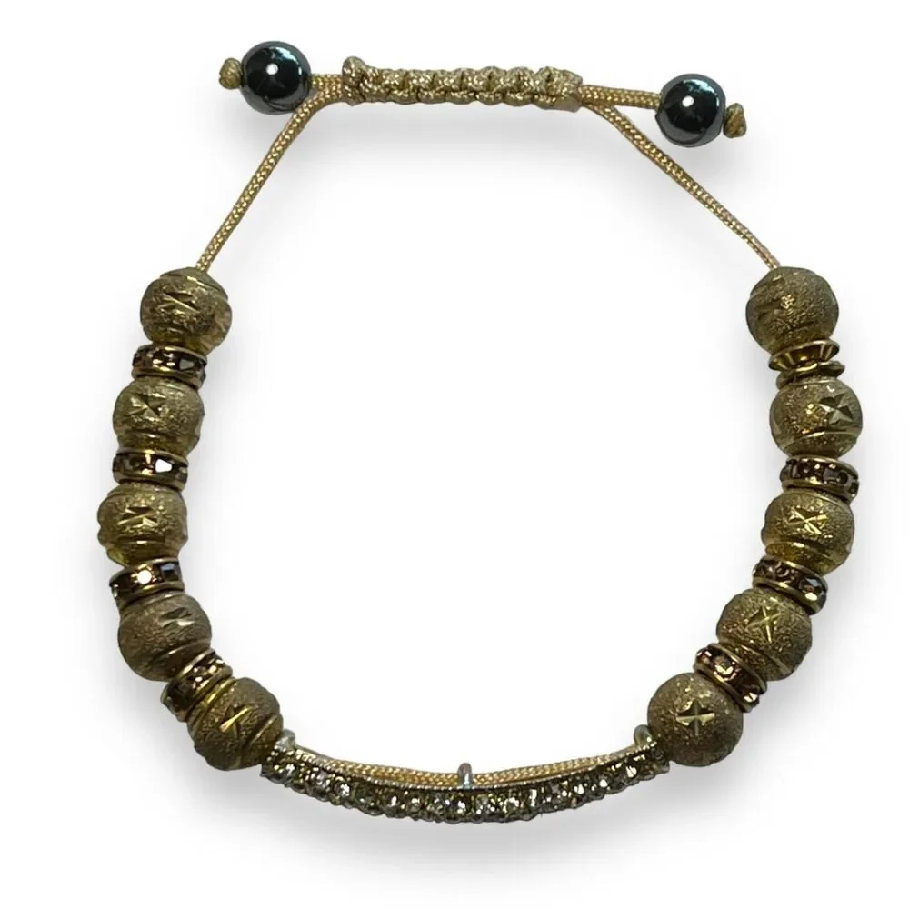 Womens Fashion Bracelet Beaded Rhinestone Jeweled Adjustable Gold Tone